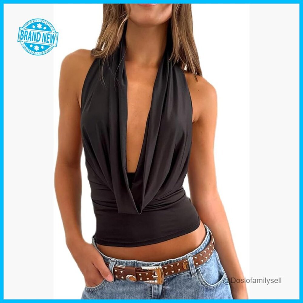 Y2K Backless Halter Top Cowl Neck Flowy Summer Going Out Tanks